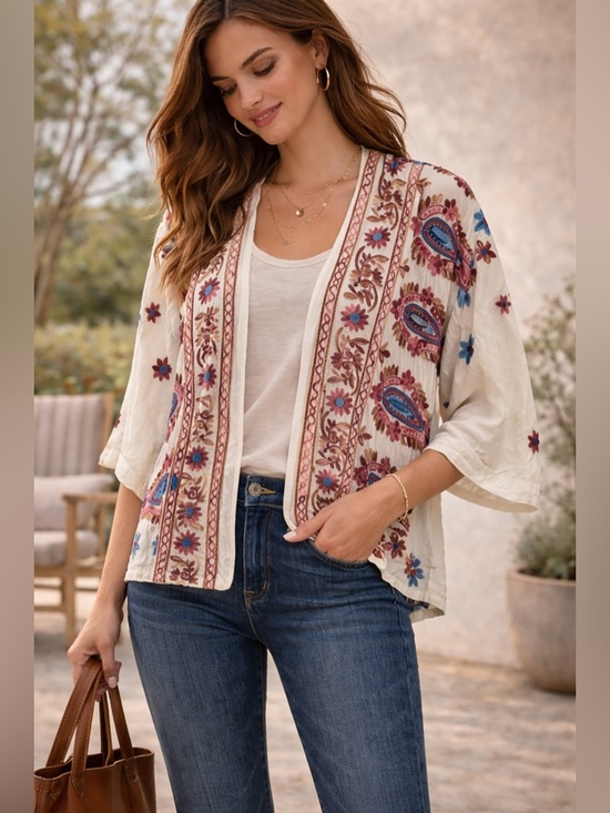 Karen Kane Tops - Karen Kane Floral Paisley Kimono Top Boho Embroidered Cream Size M